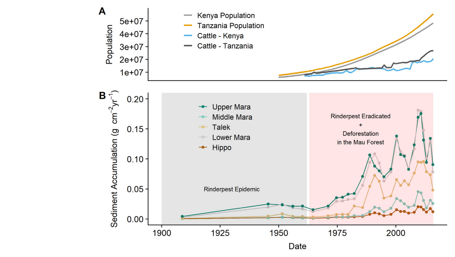 Human and cattle populations in Kenya and Tanzania since 1950 plotted against sediment accumulation in the Mara Wetland since 1900