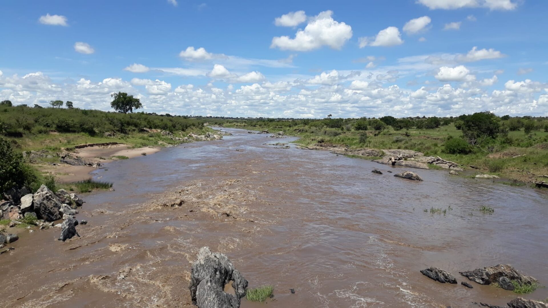 The Mara River running wide between rocky banks under a bright sky