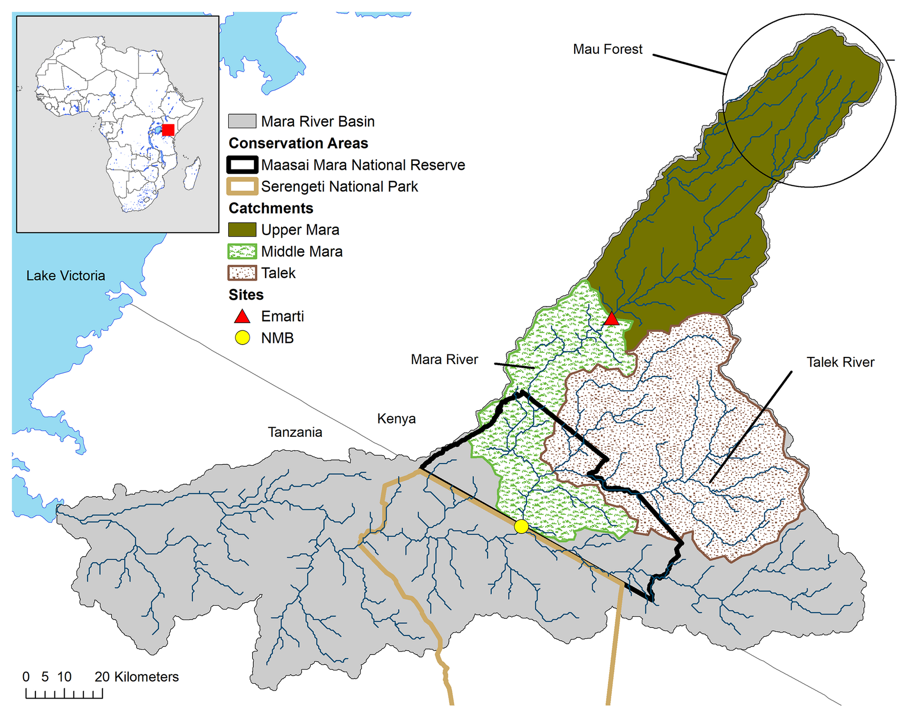 Map of the Mara River basin showing the Upper Mara, Middle Mara, Talek and Nyangores sub-catchments and the gauging sites